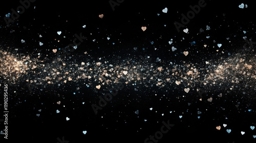 A mesmerizing stream of silver and gold hearts blending with sparkling stardust particles on a black background, evoking elegance and wonder.
 photo