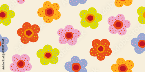 Hand drawn floral seamless pattern with childish style and pastel color. Design for fabric, textile, covers, gift wrap, wallpaper.