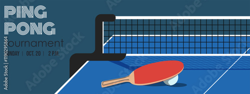 Vector horizontal Banners for Table Tennis tournament with copy space. Ping pong ball and table tennis bat on gambling table. Trendy banner for championship, ads, sport section.
