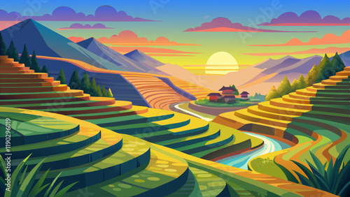 Beautiful step of rice terrace paddle field in sunset and dawn at Mam Xoi hill, Mu Cang Chai, Vietnam. Mu Cang Chai is beautiful in nature place in Vietnam, Southeast Asia. Travel concept. Aerial view