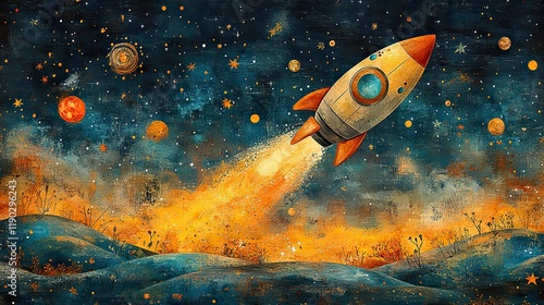 Fototapeta Naklejka Na Ścianę i Meble -  A whimsical drawing captures the joy of a spaceship soaring through the cosmos