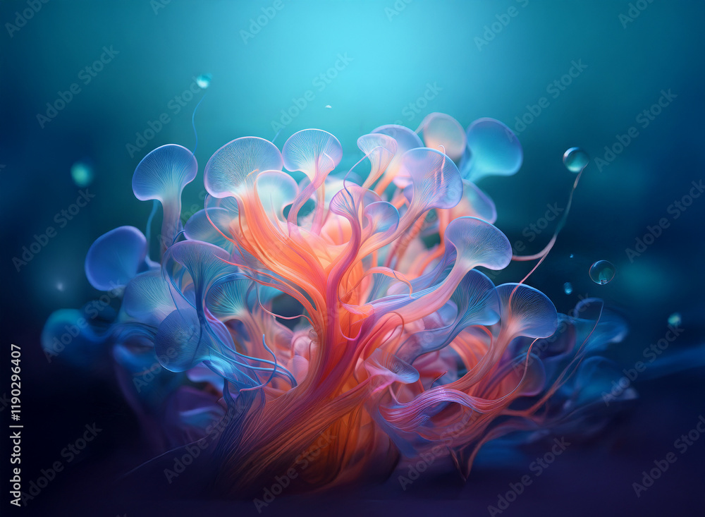 Obraz premium Intricate, bioluminescent underwater flora thrives against a deep blue background. Its translucent, bell-shaped forms radiate vibrant orange and pink hues.