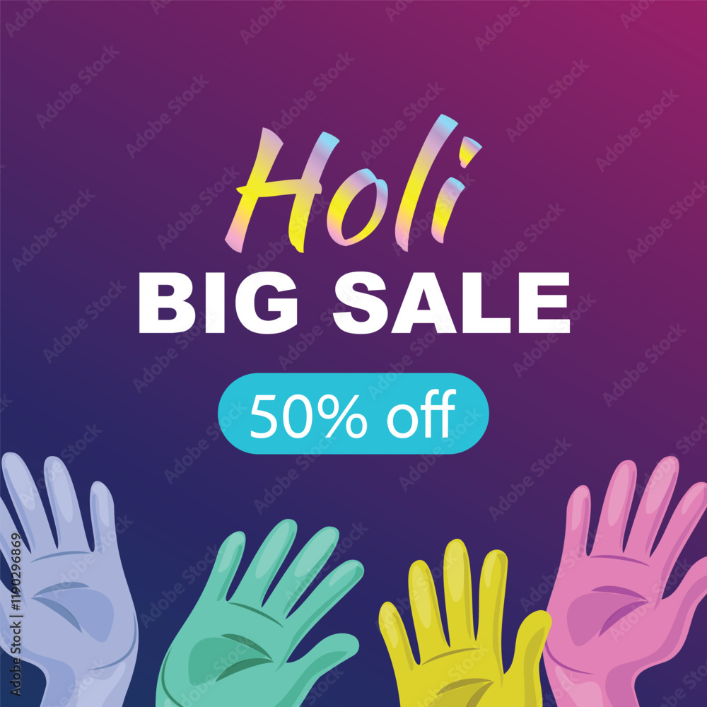 Square Holi sale banner featuring vibrant hands on a colorful gradient background Square Holi sale banner featuring vibrant hands on a colorful gradient background