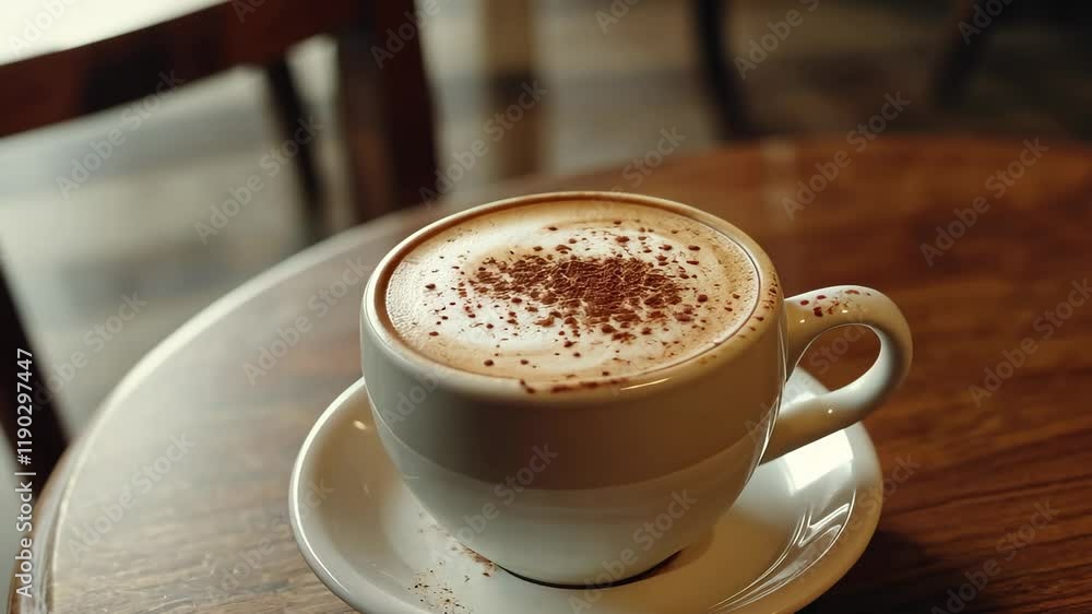 Closeup of warm cappuccino on a wooden table in a cozy cafe setting, Closeup of warm cappuccino coffee on a table seamless ing Closeup of warm cappuccino on a wooden table in a cozy cafe setting, Closeup of warm cappuccino coffee on a table seamless ing
