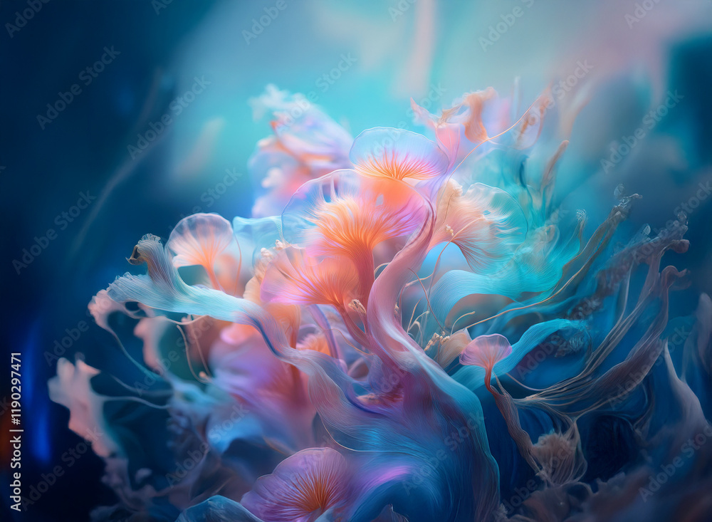 Obraz premium Ethereal, glowing underwater scene. Intricate, flowing forms in vibrant pastel hues against a deep blue background. Light plays across translucent textures.