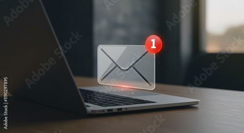 Closeup futuristic email notification visualizing message alert concept in corporate professional business environment illustrating efficient virtual communication