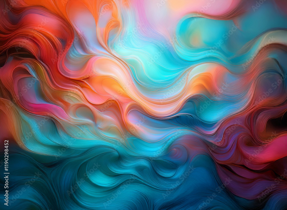 Fototapeta premium Abstract art featuring swirling, vibrant colors against a dark background. Fluid forms blend teal, orange, and pink hues, creating a dynamic and dreamy visual.