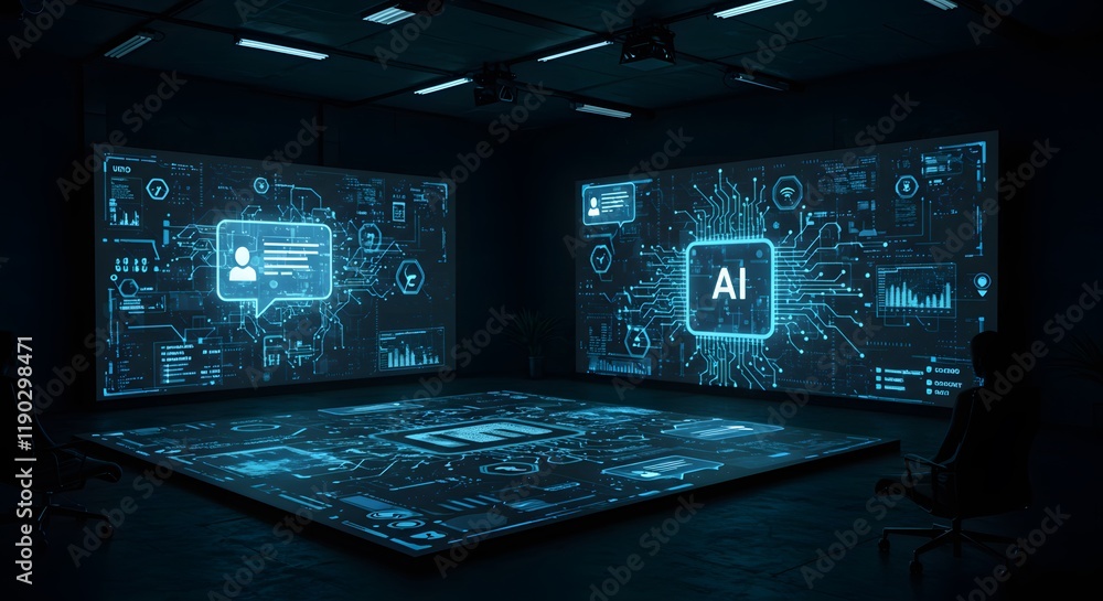 Fototapeta premium Artificial intelligence concept in a high tech futuristic room featuring holographic AI system visualization for data integration and technology innovation