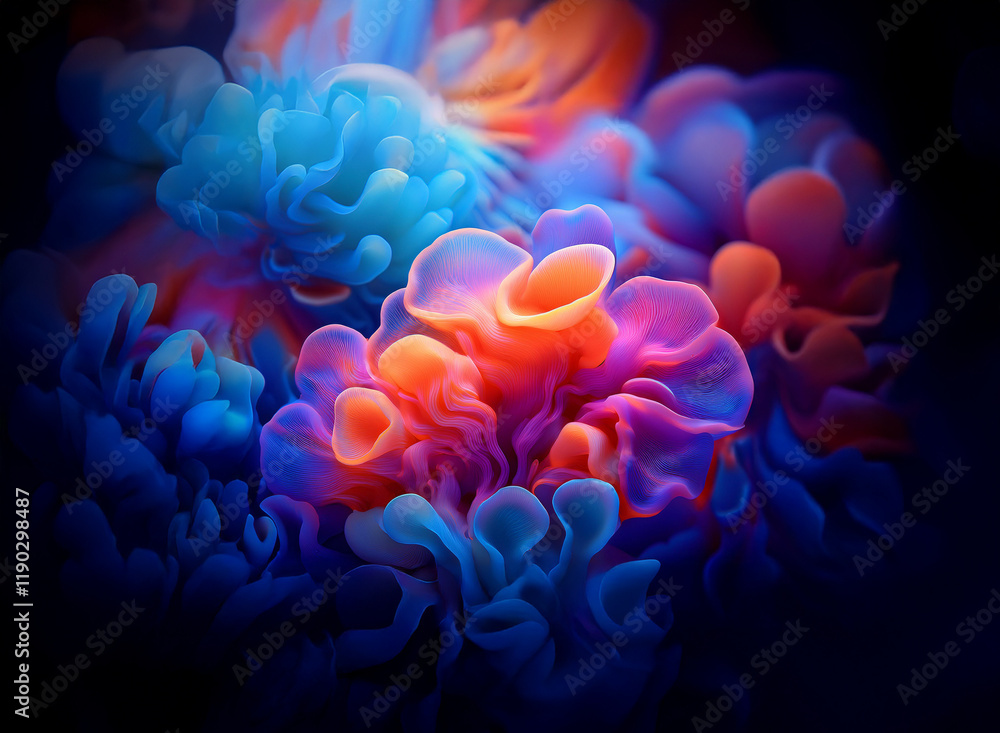 Obraz premium Vibrant, swirling colors create an abstract, organic forms against a dark background. The image evokes a sense of movement and fluidity.