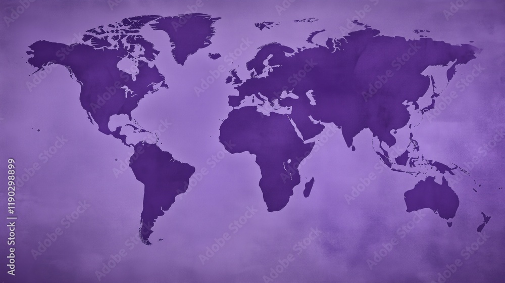 Fototapeta premium Purple world map highlighting continents and oceans on grunge textured background, representing global connectivity and geography