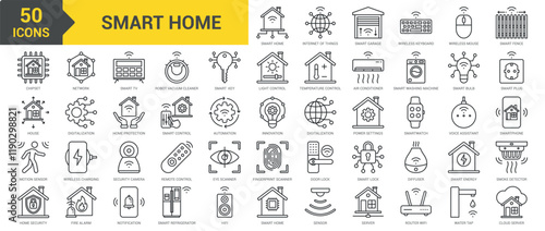 Smart Home icon collection set. Containing internet of things, smart garage, smart TV, home protection, smart fence, chipset, sensor, router Wi-Fi, innovation, water tap icon. Simple line vector