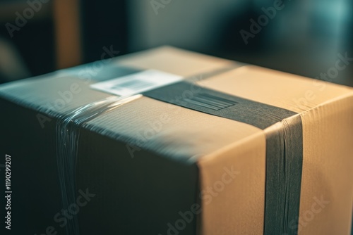 Close-up of a Cardboard Box with Tape and Label