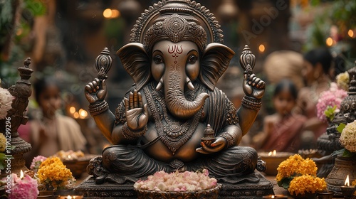 Ornate Ganesh Statue in Traditional Hindu Setting photo