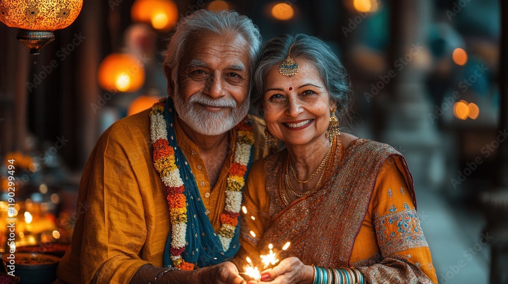 Happy Couple Celebrating Festival with Lights and Garlands Happy Couple Celebrating Festival with Lights and Garlands
