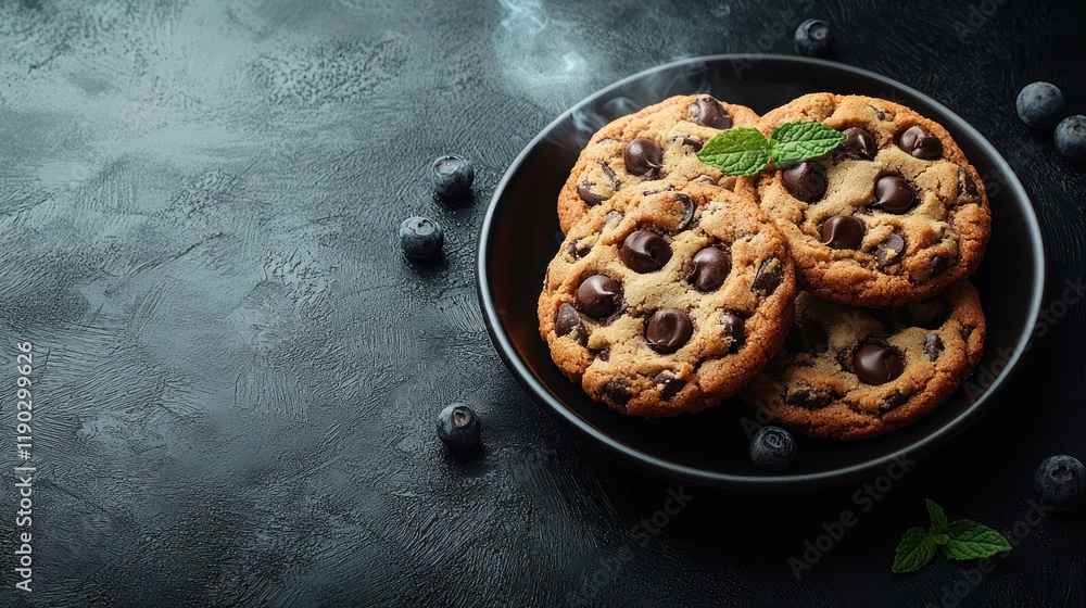 Warm Chocolate Chip Cookies with Blueberries on Dark Background