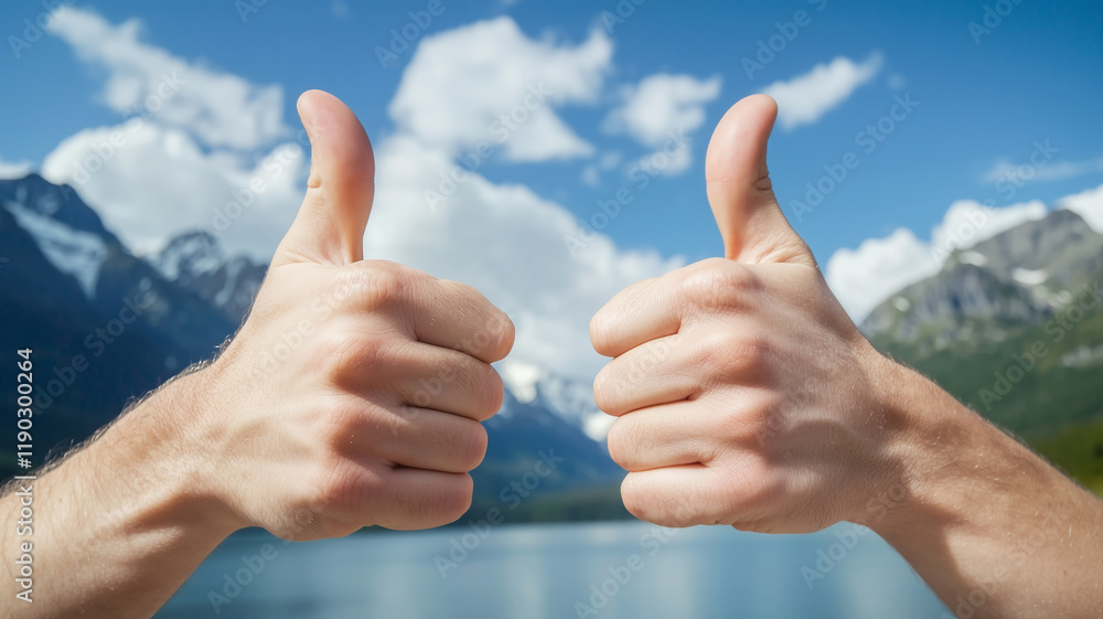 two hands giving thumbs up in a serene mountain landscape under a bright sky with large empty copyspace for inspirational text and travel themes
two hands giving thumbs up in a serene mountain landscape under a bright sky with large empty copyspace for inspirational text and travel themes