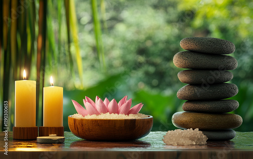 Transform your space into a tranquil retreat with glowing candles zen stones lotus flower and natural decor offering spa essentials for relaxation therapy and an inspiring wellness concept at home photo