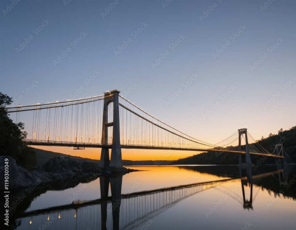 Fototapeta premium Sunset Serenity: Majestic Suspension Bridge Reflecting in Calm River Waters