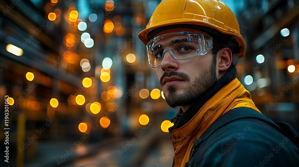 Focused young male engineer in safety helmet and glasses at an industrial plant at night. Focused young male engineer in safety helmet and glasses at an industrial plant at night.