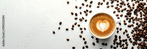 Looking down at a cup of coffee with beautiful latte art, surrounded by scattered coffee beans and large white space, high-definition quality and master-level photography skills.