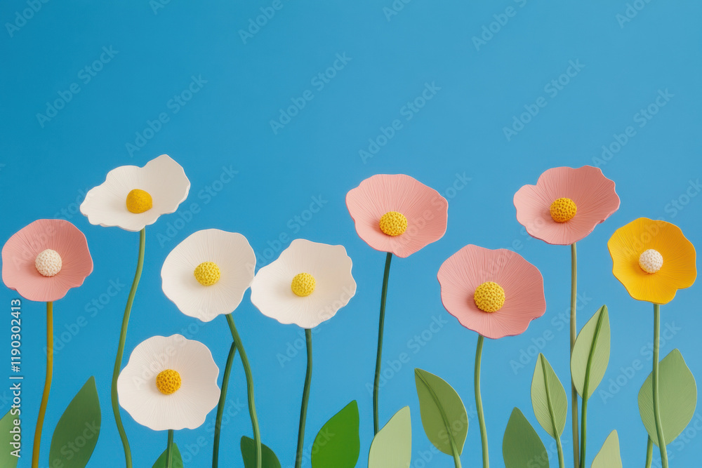 Claymation flower, A vibrant claymation meadow scene filled with colorful poppies, perfect for artistic projects or nature-themed designs in high fidelity quality.