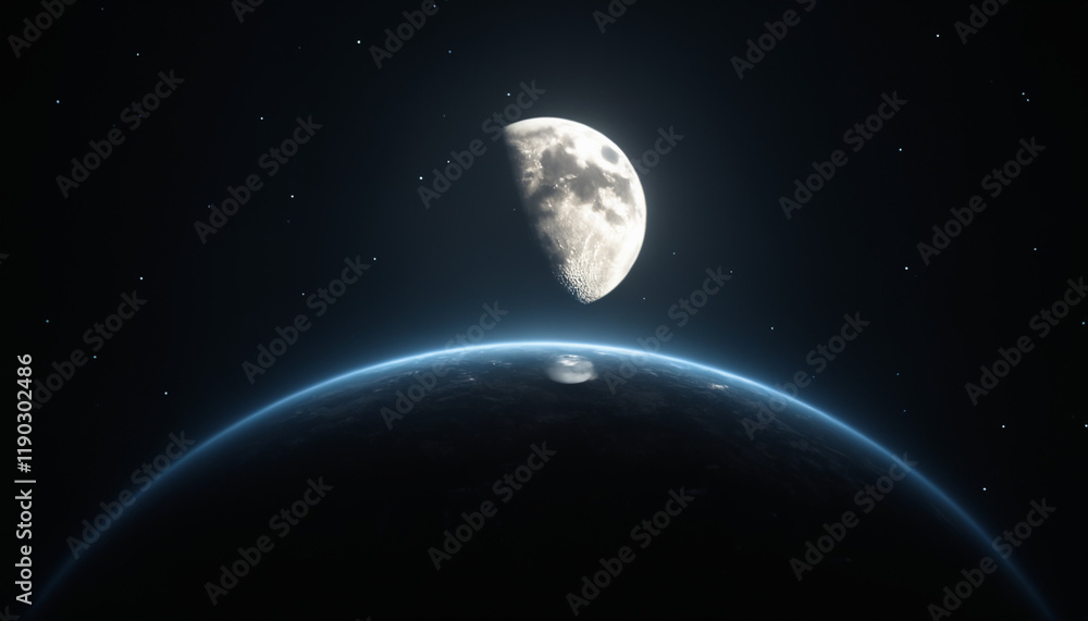 Fototapeta premium Mystical Moon and Planet Scene in Starlit Space