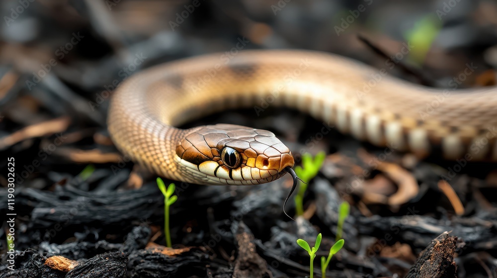 Fototapeta premium Wildfire and Wildlife Concept, Snake Slithering Through Charred Debris in Burnt Landscape After Wildfire Recovery