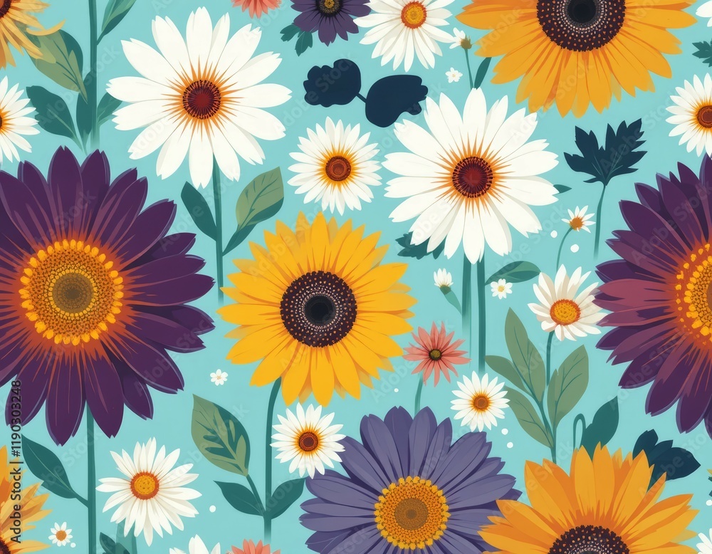 Vibrant Floral Seamless Pattern: Sunflowers, Gerbera Daisies, and Daisy Flowers in a Bold, Illustrated Style Vibrant Floral Seamless Pattern: Sunflowers, Gerbera Daisies, and Daisy Flowers in a Bold, Illustrated Style