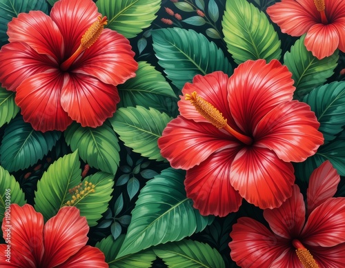 Vibrant Red Hibiscus Flowers and Lush Tropical Leaves: A Botanical Illustration