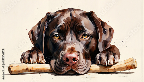 Chocolate Labrador resting with stick in watercolor style, loyalty