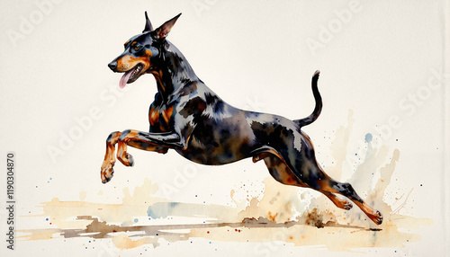 Doberman pinscher joyfully jumping in watercolor painting, motion and grace