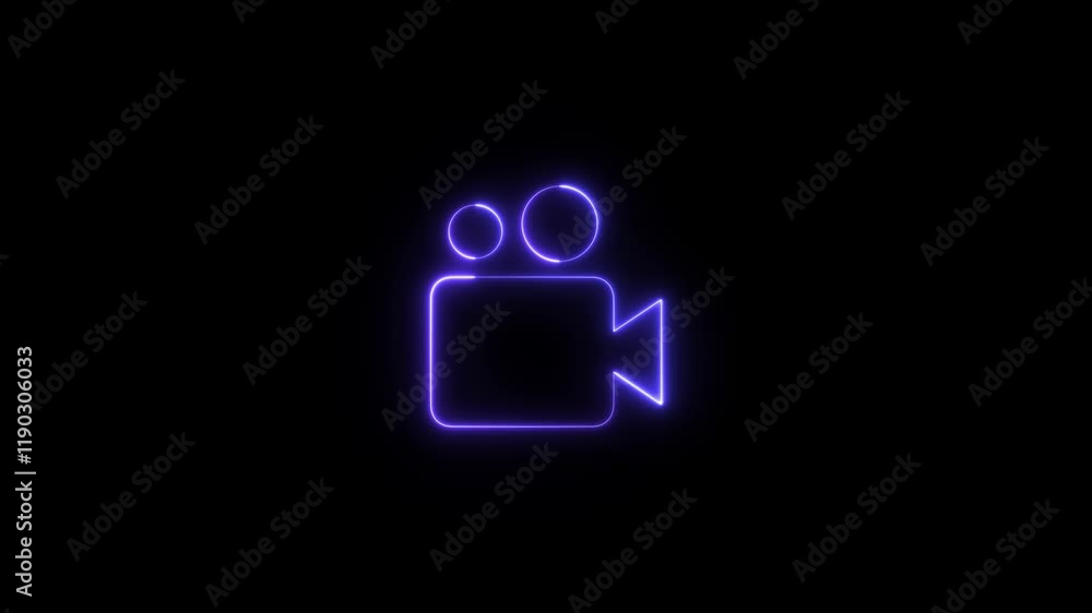 Glowing Neon camera icon animated on black background. Glowing Neon camera icon animated on black background.