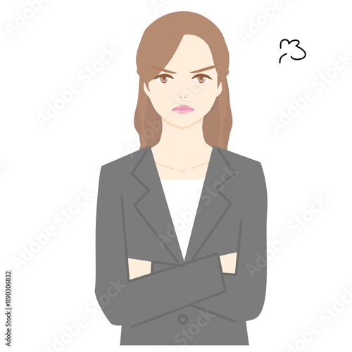 Illustration of a young woman in a suit, angry, upper body.