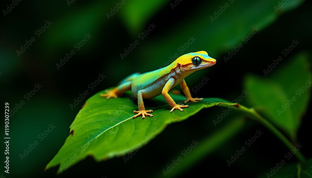 Obraz premium Vibrant Green Gecko on Lush Leaf