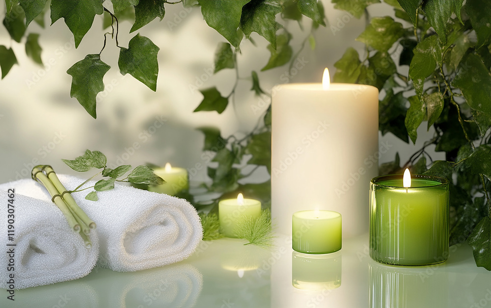 Immerse yourself in the calming ambiance of spa essentials featuring glowing green candles white towels and elegant decor that enhances wellness relaxation and peace in a beautifully styled retreat Immerse yourself in the calming ambiance of spa essentials featuring glowing green candles white towels and elegant decor that enhances wellness relaxation and peace in a beautifully styled retreat