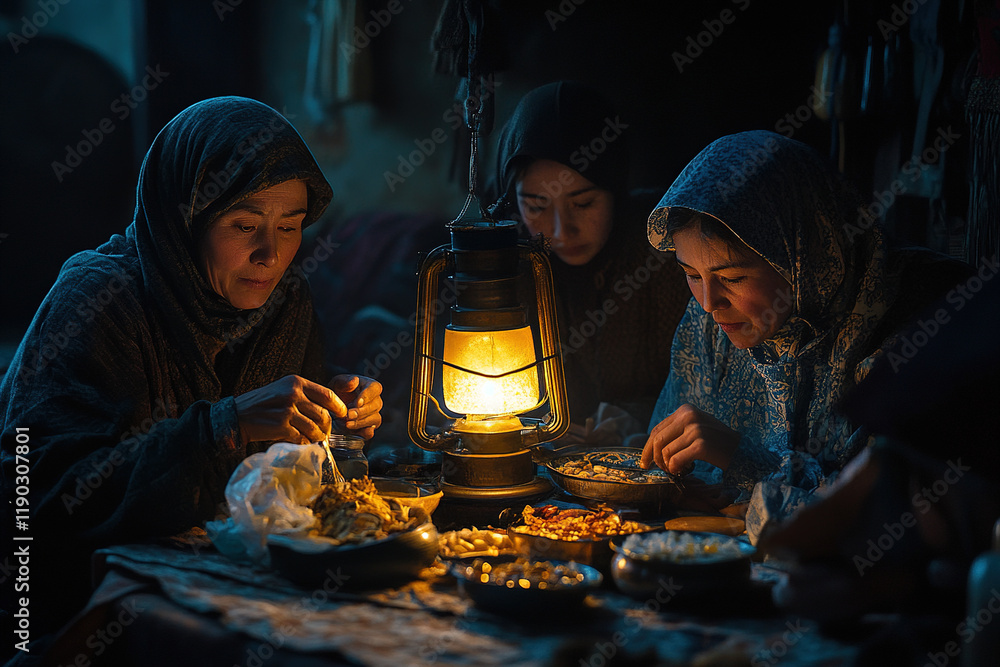 Fototapeta premium Three women in headscarves sit around a table illuminated by a lantern, sharing a meal in a dimly lit room.