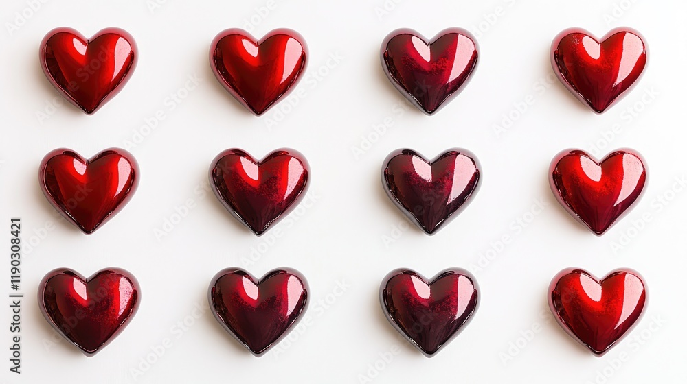 Fototapeta premium Red Hearts Displayed on White Surface in Symmetrical Arrangement