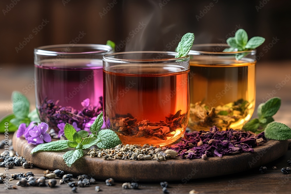 Fototapeta premium Aromatic Herbal Tea Trio with Mint and Flowers for Relaxation and Wellness