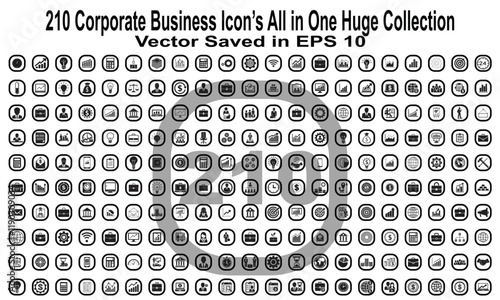210 corporate business icons all in one huge collection. Icon about accountancy, finance, marketing, organizational, management and manufacturing. Saved in EPS 10 and easy to use 
