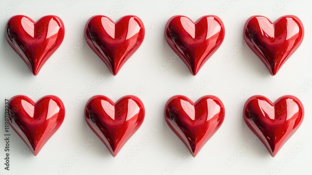 Fototapeta premium Colorful Red Hearts Arranged in a Symmetrical Pattern on a Surface