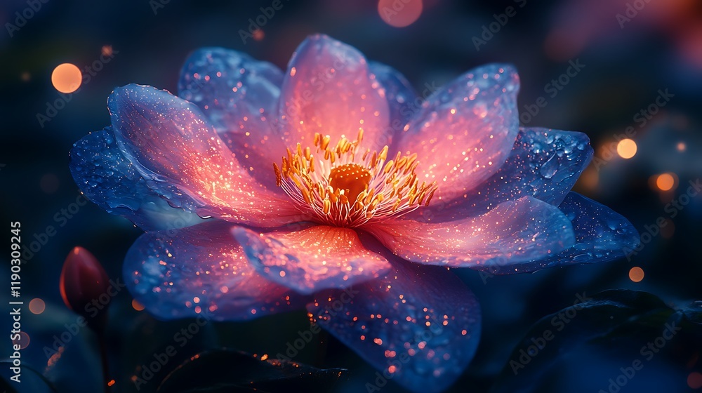 Glowing blue flower with dew drops at night. Glowing blue flower with dew drops at night.