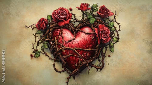 Heart with Roses and Thorns in Romantic Artistic Composition