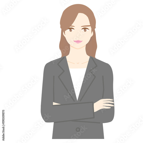 Illustration of the upper body of a young woman in a business suit with her arms folded.