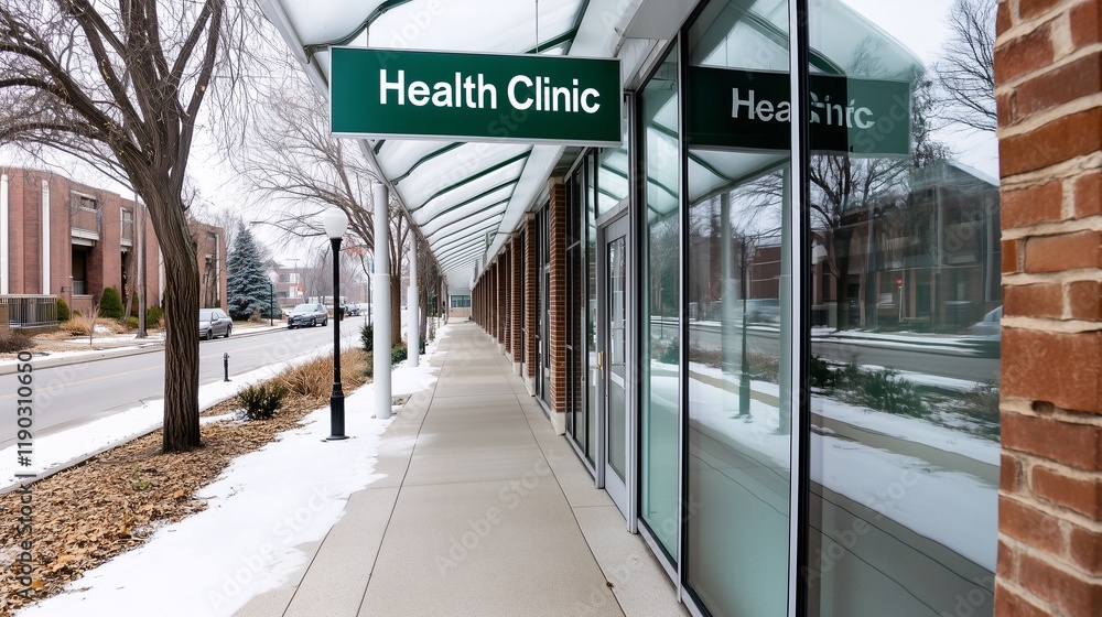 custom made wallpaper toronto digitalA health clinic with a green sign, brick exterior, and glass walls along a snowy sidewalk on a winter day.