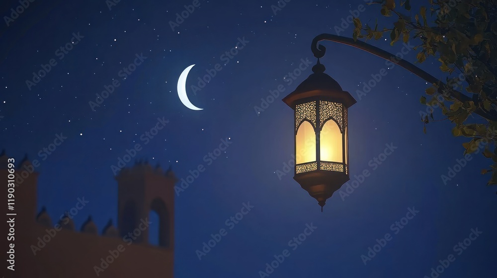 Naklejka premium Serene Night Lantern: Crescent Moon, Stars, and Intricate Design