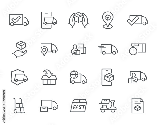 Fast Delivery Icons. A simple and editable vector icon set- delivery trucks, boxes, location pins, secure packages, and fast shipping symbols. Ideal for logistics and ecommerce.