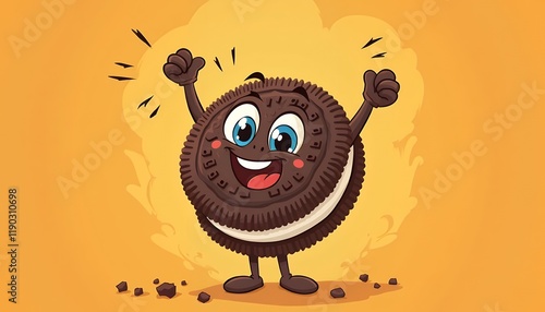 A Happy Chocolate Sandwich Cookie Cartoon Character Celebrates  with Arms Raised High