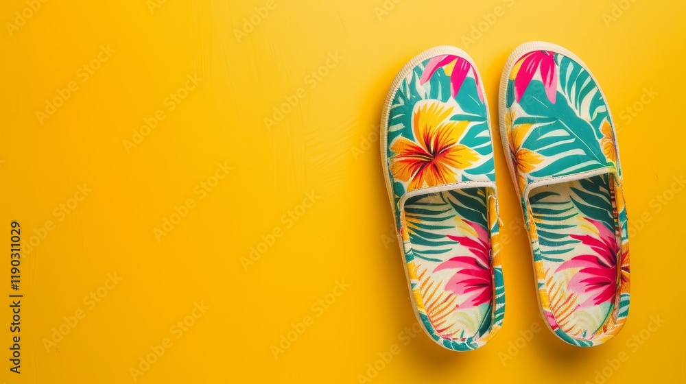 Pair of Tropical Floral Patterned Slip-On Shoes on Yellow Background