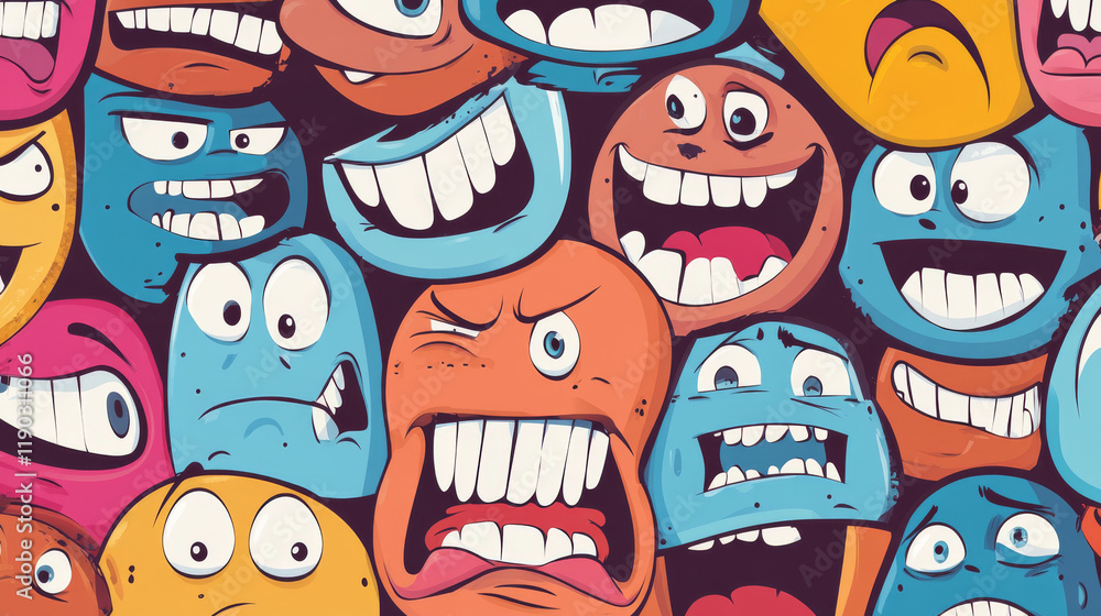 Cartoon face and emoji characters vector seamless pattern. Emoticons with different facial expressions and emotions background of comic faces with happy, cute and sad smiles, angry eyes and cry Cartoon face and emoji characters vector seamless pattern. Emoticons with different facial expressions and emotions background of comic faces with happy, cute and sad smiles, angry eyes and cry