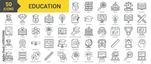 Education icon collection set. Containing school, alarm clock, open book, learning, science, science and tech, online learning, educational services, university, knowledge icon. Simple line vector